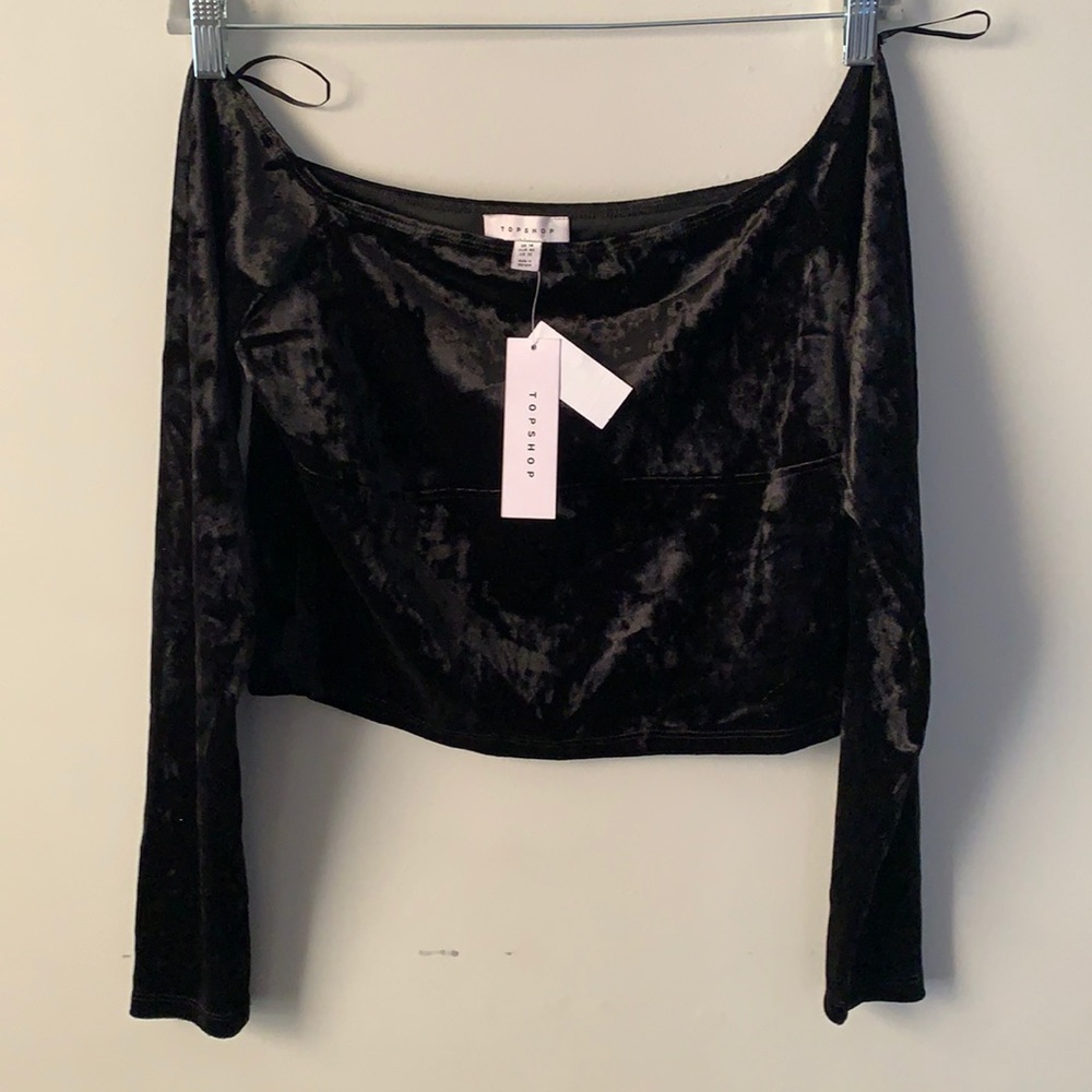 TOPSHOP NWT Black Velvet Off The Shoulder Crop Top, Size 10